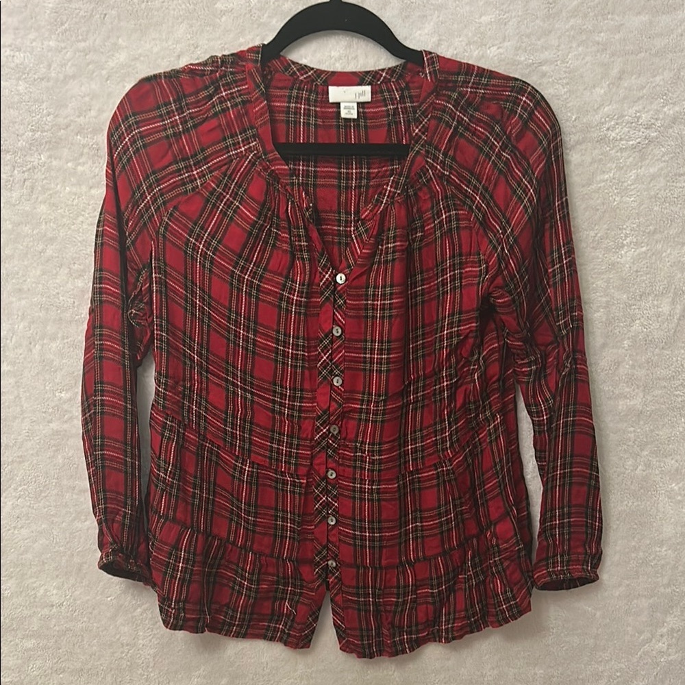J. Jill Red & Black Plaid Buttoned 3/4 Sleeve Lightweight Flannel Blouse